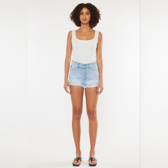 KanCan Button Fly High Rise Distressed Frayed Torn Denim Cut-Off Jean Shorts - Picture 7 of 13